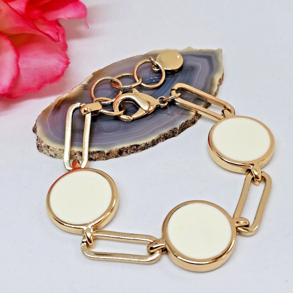 CHICO'S Large Link Gold Tone Ehite Enamel Chain Link Bracelet Statement